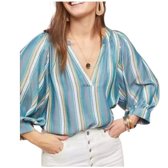 Anthropologie Maeve Byron Striped Blouse - Size XL - Balloon Sleeves -NWT - Picture 1 of 11